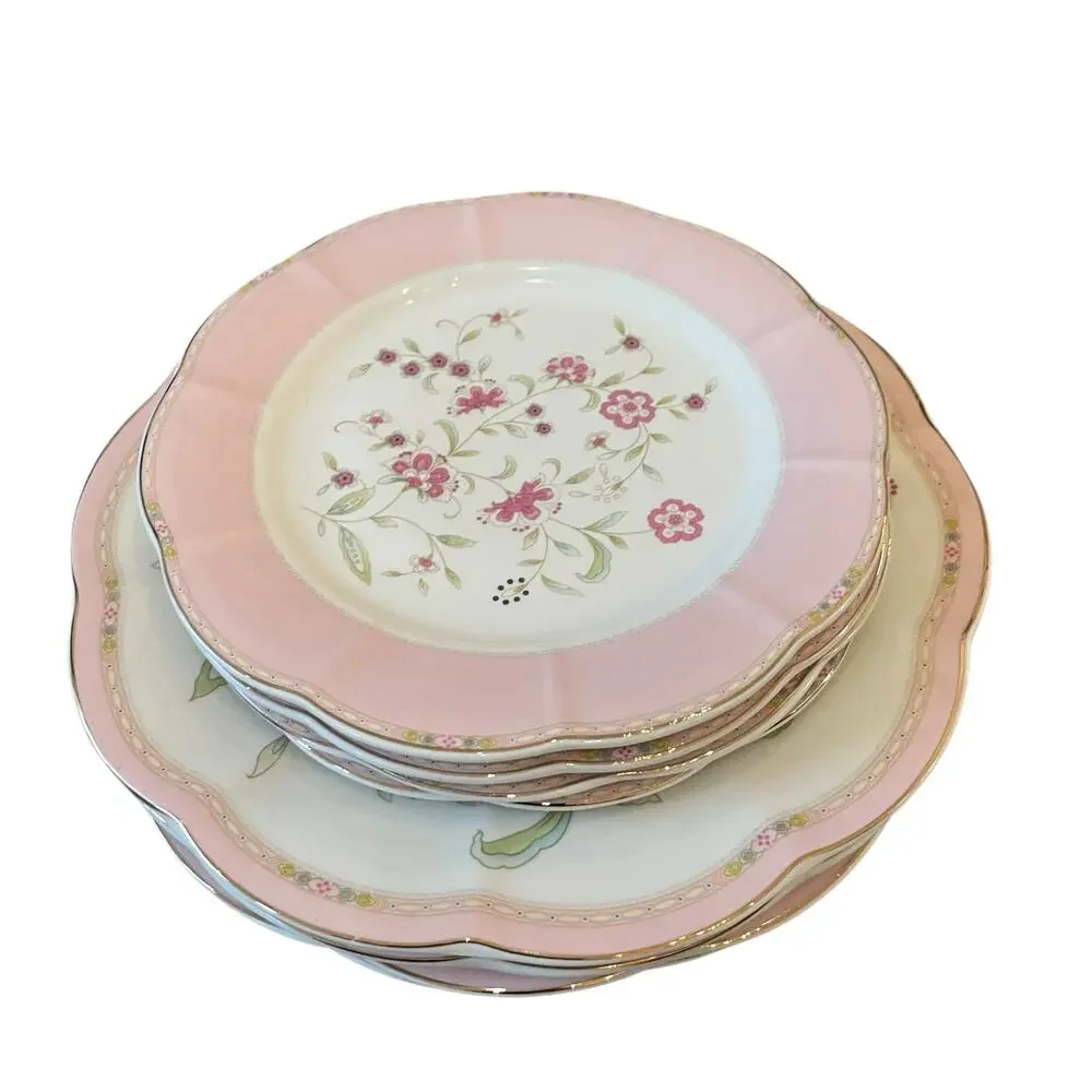 Grace Teaware Pink Corn Flowers with Gold Trim 10.5” Dinner Plates Set of 4 New